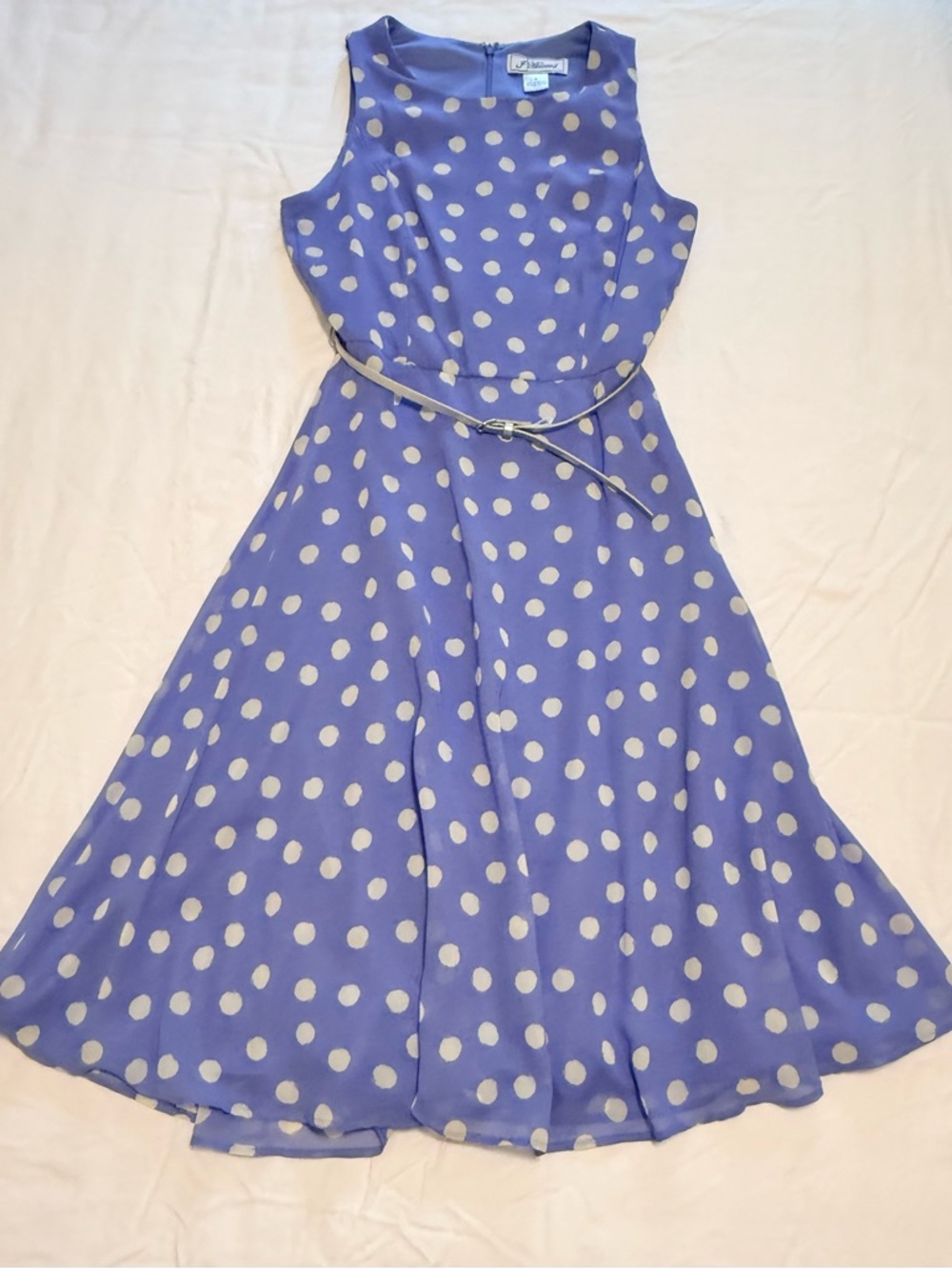 Sleeveless Lavender Polka Dot Midi Dress with Belt